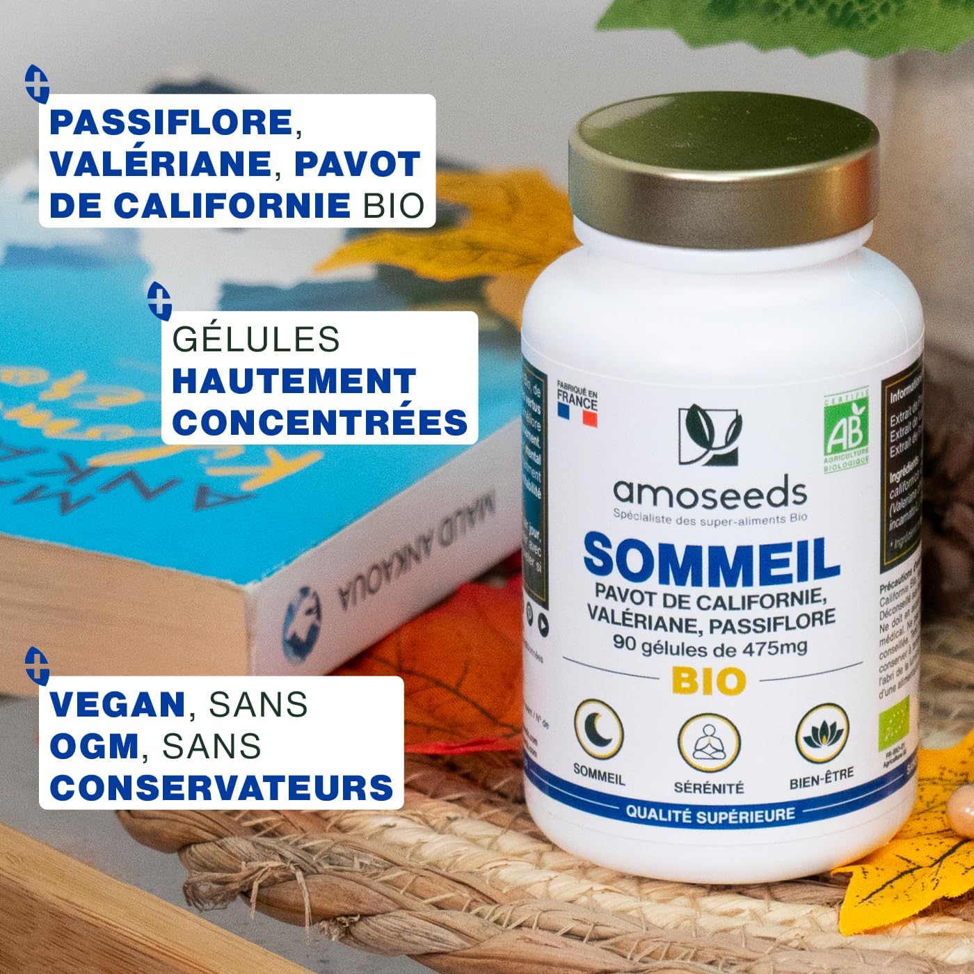 Sommeil BIO - Hautement dosé - Valériane, Passiflore - Endormissement rapide, Relaxation - 90 Gélules Vegan - Qualité Supérieure, Fabriqué en France