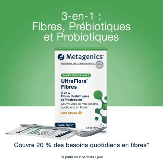 UltraFlora Fibres - Complément alimentaire - Soutien intestinal 3-en-1 avec fibres, prébiotiques et probiotiques - Saveur orange, 14 sachets