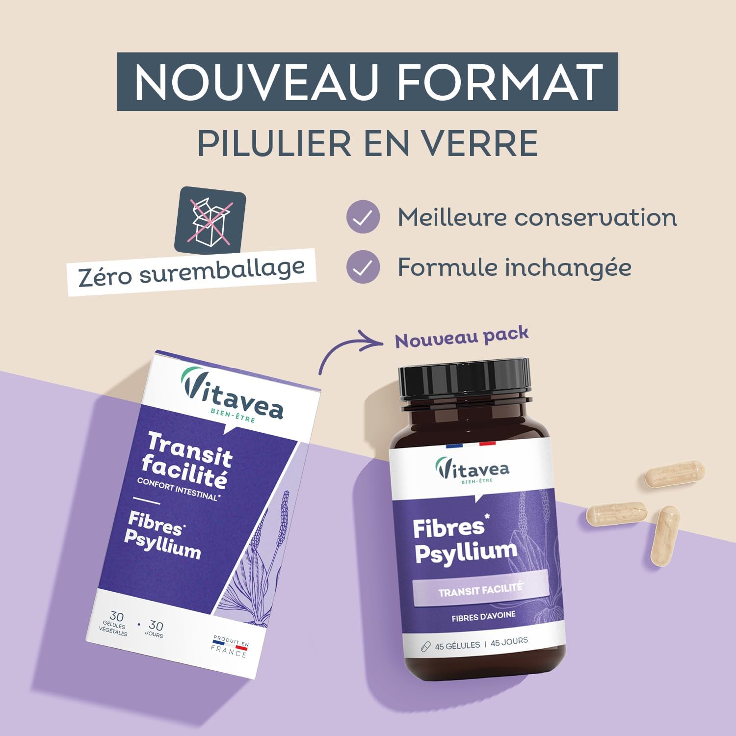 VITAVEA BIEN-ETRE - Complément Alimentaire Fibres Psyllium et Avoine - Enrichi de 96mg de fibres - Idéal Transit et Confort Intestinal - 45 Gélules - Cure de 45 jours - Fabriqué en France Nouveau - Fibres Psyllium
