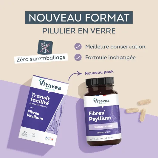 VITAVEA BIEN-ETRE - Complément Alimentaire Fibres Psyllium et Avoine - Enrichi de 96mg de fibres - Idéal Transit et Confort Intestinal - 45 Gélules - Cure de 45 jours - Fabriqué en France Nouveau - Fibres Psyllium