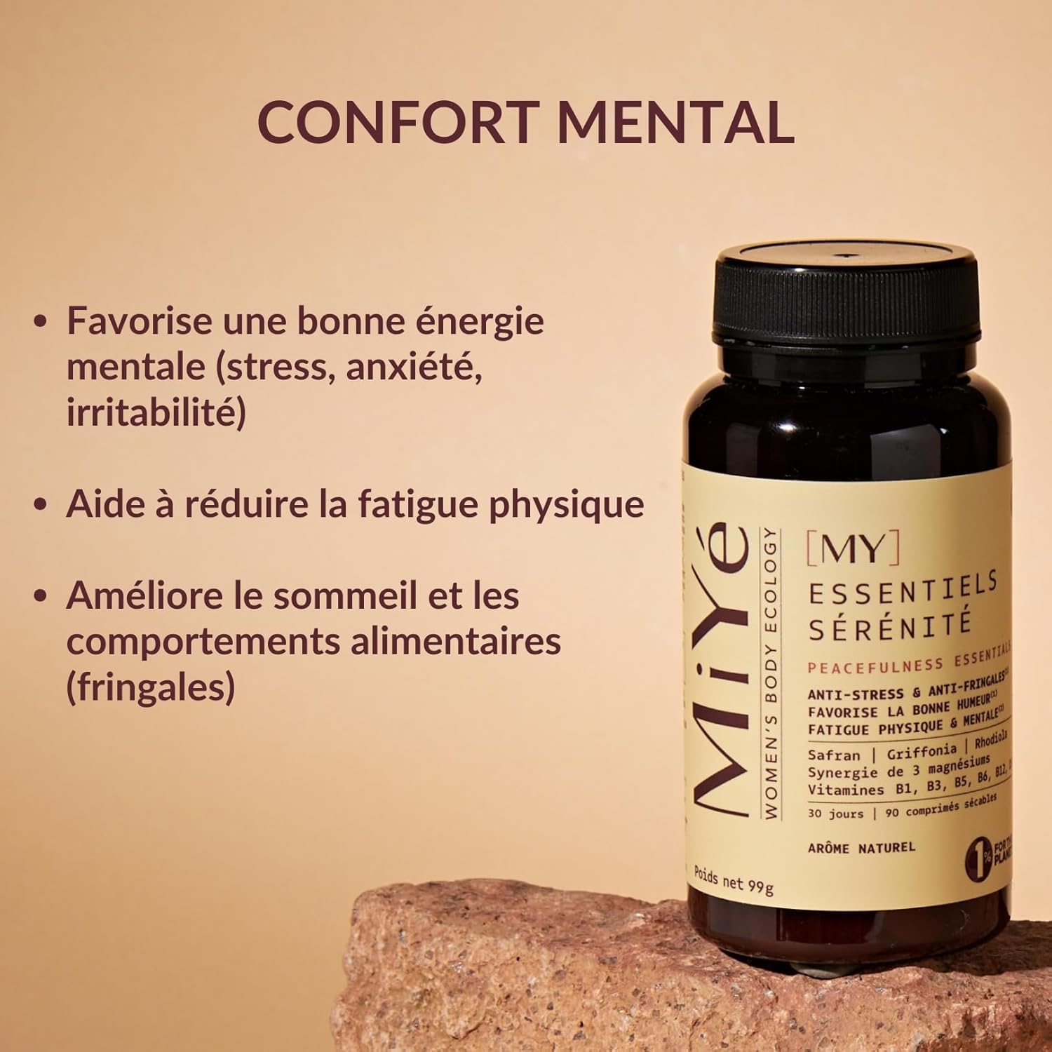 Compléments Sérénité goût framboise - Anti-stress, fatigue & fringales - Safran, griffonia, rhodiola, magnesium, vitamines B & D - 1 mois