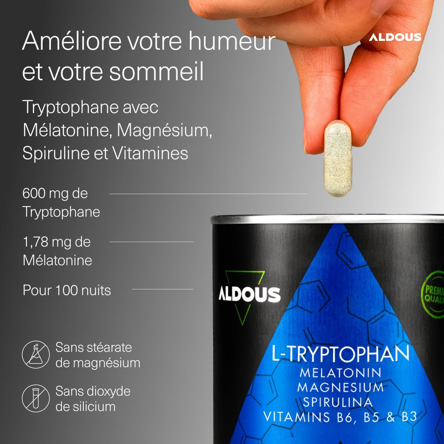 200 Gélules Tryptophane 600mg + Mélatonine et Magnésium + Vitamines B6, B5, B3 + Spiruline - Hautement Dosé pour un Sommeil Réparateur - 1,78mg de Mélatonine - L-Tryptophane Pour Bien Dormir - ALDOUS
