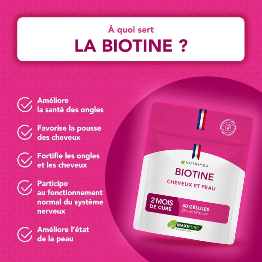 BIOTINE - Sans Excipient - Accélère la Pousse des Cheveux & Ongles - Avec Vitamine B8, Pépins de Courge, Zinc et Sélénium - 60 Gélules Vegan - Fabrication Française - Nutrimea