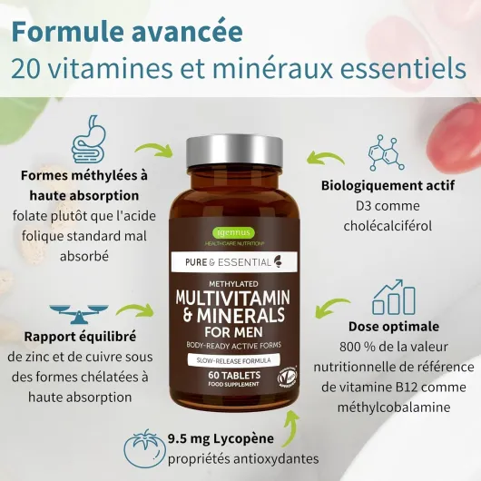 Igennus Multivitamines pour hommes avec lycopène, Dosé avec expertise prête à être absorbée pour l'énergie, l'immunité et la santé cardiaque, libération prolongée, vitamines B méthylées, 60 comprimés