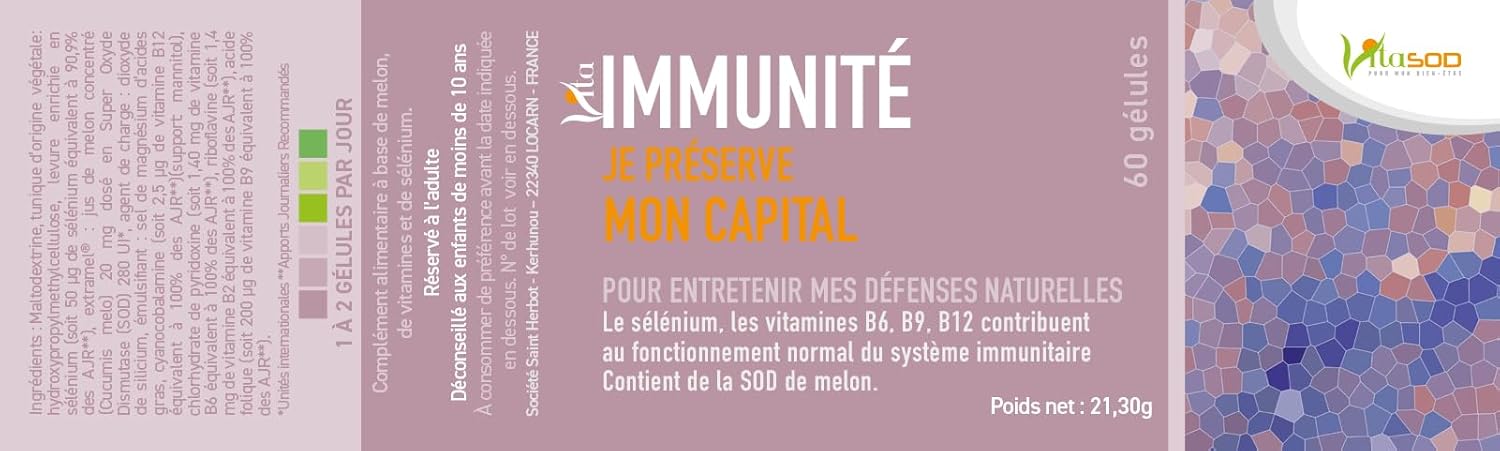 Vita Immunité, SOD de Melon, Complément Alimentaire pour Défenses Immunitaires, Agressions, Hiver, Pollen, Soleil, Stress Oxydatif, Vitamines B2, B6, B9, B12, Levure de Sélénium