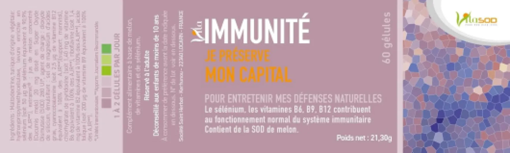 Vita Immunité, SOD de Melon, Complément Alimentaire pour Défenses Immunitaires, Agressions, Hiver, Pollen, Soleil, Stress Oxydatif, Vitamines B2, B6, B9, B12, Levure de Sélénium