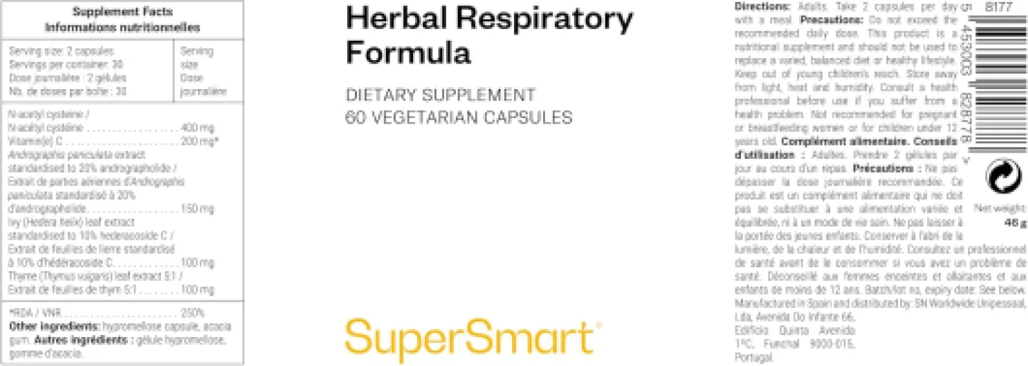 Herbal Respiratory Formula - Complément Respiration, Immunité - Fluidifiant - NAC, Vitamine C, Chirette, Lierre, Thym - Confort Respiratoire, Résistance aux Maux de l’Hiver - 60 Gélules - SuperSmart