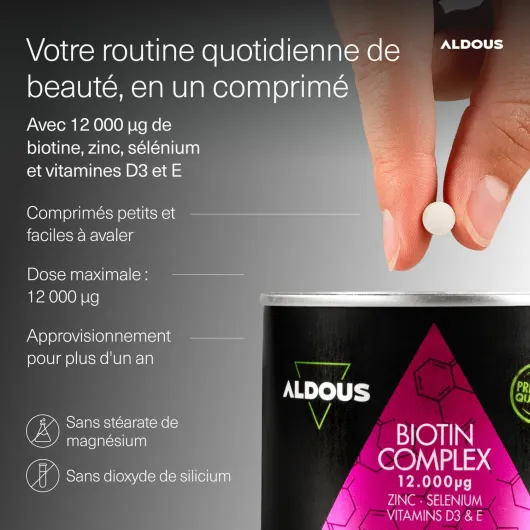 Biotine 12 000 mcg - 400 Comprimés - Zinc, Sélénium, Vitamine D3 et Vitamine E - Biotine Cheveux, Peau et Ongles - Biotine Cheveux Pousse Rapide - Complément Alimentaire Pousse Cheveux - ALDOUS