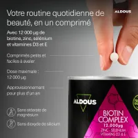 Test Biotine 12 000 mcg Aldous Bio : le gros pot qui mise sur la pousse des cheveux sur le long terme