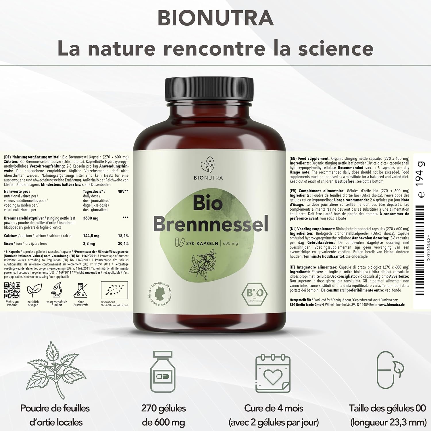 ® Gélules d’Ortie Bio hautement dosées, 1000 mg/jour, contrôlées contre les résidus, fabrication allemande, véganes, sans lactose ni gluten, sans additifs, 270 gélules x 500 mg