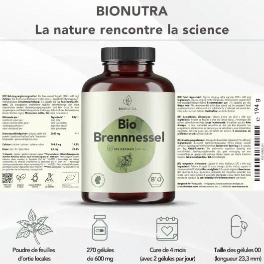 ® Gélules d’Ortie Bio hautement dosées, 1000 mg/jour, contrôlées contre les résidus, fabrication allemande, véganes, sans lactose ni gluten, sans additifs, 270 gélules x 500 mg