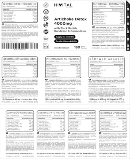 Artichaut Detox 4000 mg - 180 gélules végétaliennes pour 3 mois de traitement - A base d'Artichaut, de Radis Noir, de Pissenlit et de Desmodium - Fabriqué en Europe par HIVITAL
