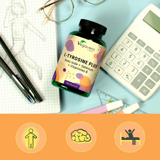 L-Tyrosine Plus 1200 mg - THYROIDE* - Avec Iode, Selenium et Vitamine B - Énergie + Fatigue Mentale - 180 Gélules - VEGAN et SANS ADDITIFS