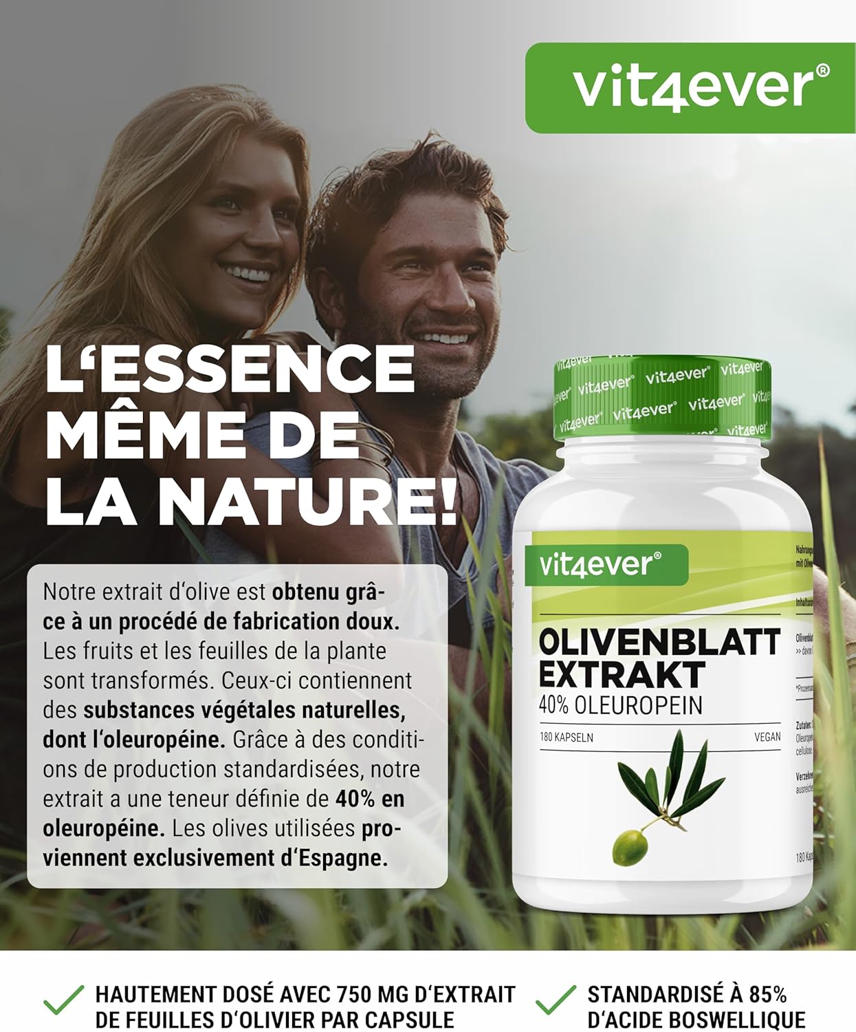 Extrait de Feuilles d'Olivier - 180 capsules de 750 mg chacune - Extrait de Feuilles d'Olivier avec 40% d'Oleuropéine = 300 mg - Fortement Dosé - Vegan