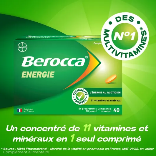 ® Energie - Complément alimentaire - Multivitamines et Minéraux - Vitamine C, B3, B5, B1, B12, Calcium, Magnésium et Zinc - Aide à réduire la fatigue grâce à la vitamine C - 2x40 cps à avaler