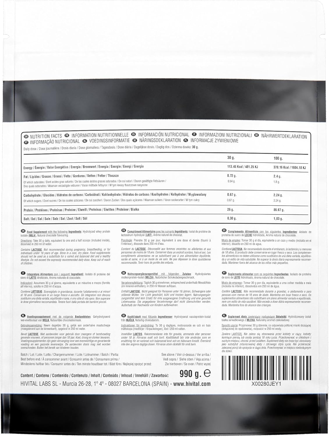 Isolat de Protéines de Lactosérum 990 g pour 1 mois de traitement - 26 g par jour d'Isolat de Protéine Whey 100% pur et 100% Naturel - NATURE - Sans soja - Fabriqué en Europe par HIVITAL
