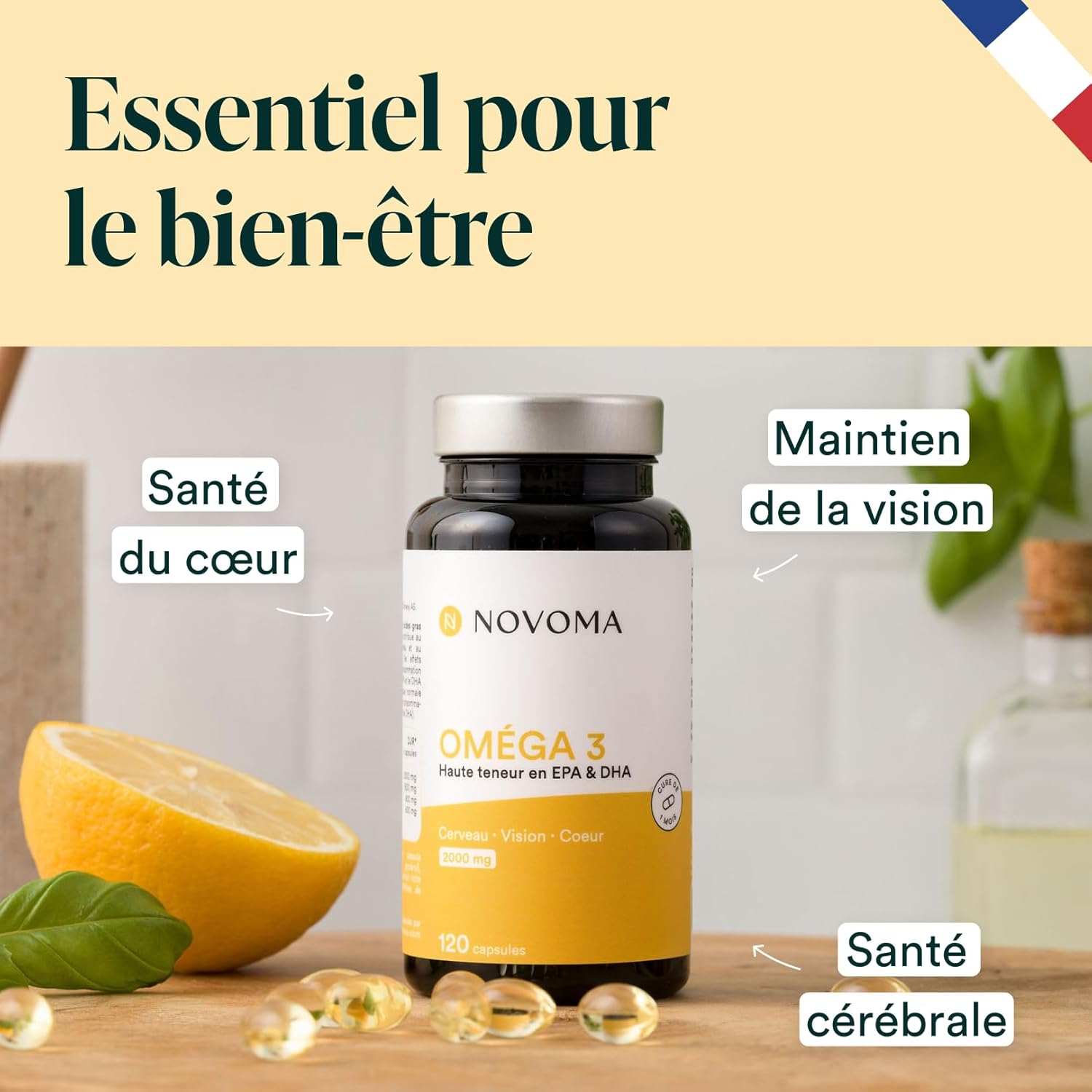Oméga 3 Huile de Poisson Epax® 2000mg /j, Pure et Concentrée, 120 capsules, Riche en EPA et DHA & Vitamine E, Omega 3 Fish Oil Sans Odeur, Fabriqué en France Oméga 3 - Novoma 120 unité (Lot de 1)
