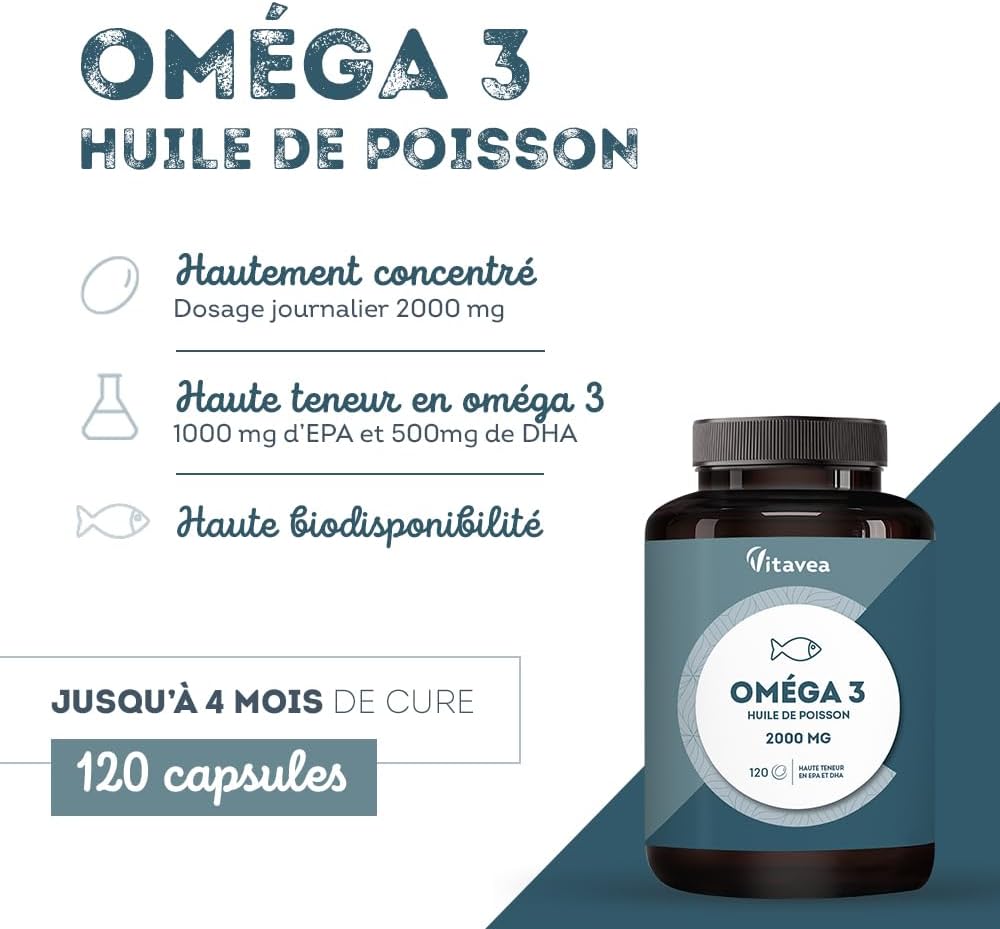 Omega 3 Huile de Poissons Sauvages 2 000mg - 4 mois - Haute concentration en EPA (1 000mg) et DHA (500mg) - Soutien des fonctions cognitives et visuelles - Fabriqué en France - Vitavea