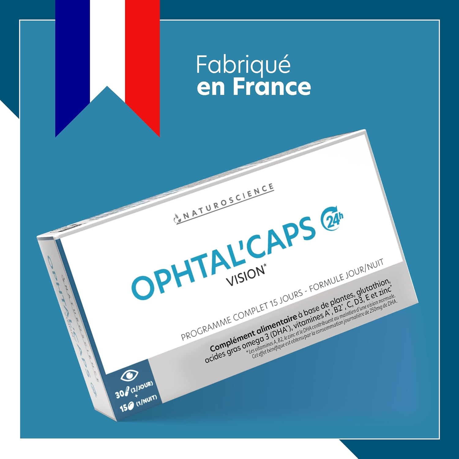 Ophtal'Caps - Complément Alimentaire Santé Oculaire - Soutien Naturel Yeux et Vision - Lutéine, Zinc, Glutathion, DHA - Fabrication Française - 30 Gélules Jour + 15 Capsules Nuit