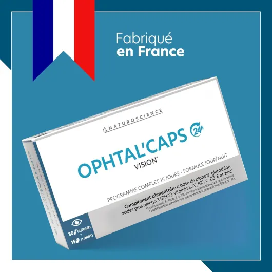 Ophtal'Caps - Complément Alimentaire Santé Oculaire - Soutien Naturel Yeux et Vision - Lutéine, Zinc, Glutathion, DHA - Fabrication Française - 30 Gélules Jour + 15 Capsules Nuit
