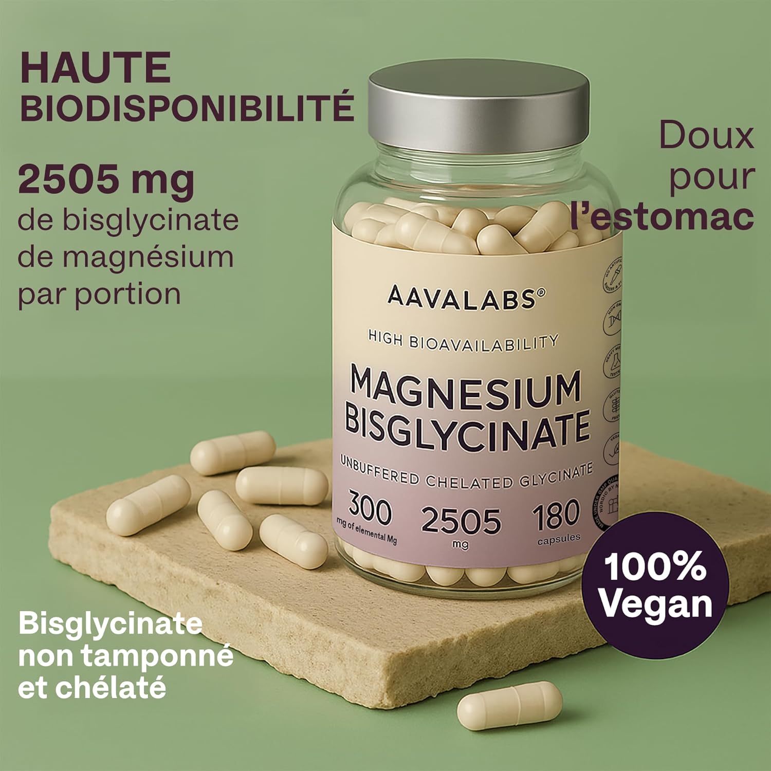 Magnesium Bisglycinate 2505mg - Magnesium Glycinate Chelaté Hautement Biodisponible 300mg Élémentaire - Bisglycinate de Magnésium Non Tamponé, Vegan - Fatigue, Sommeil, Muscles - 180 Gélules