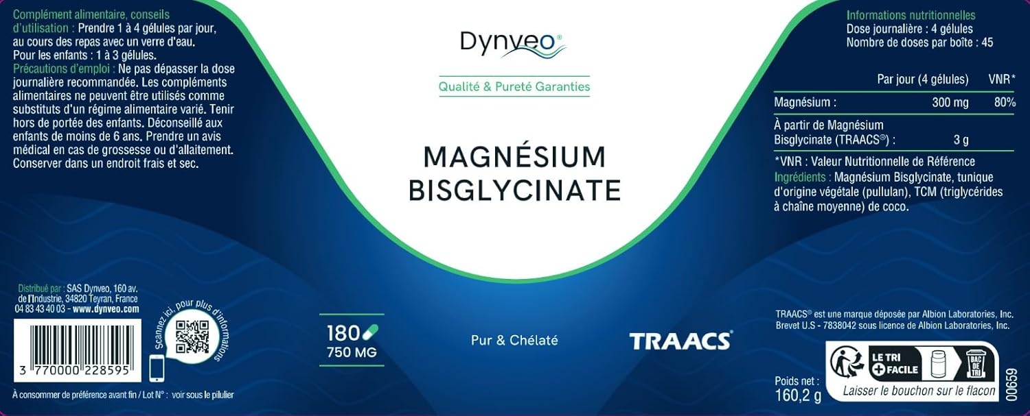 Magnésium Bisglycinate Chélaté 100% Pur - 180 Gélules - Fatigue, Nerveux & Muscles - Label TRAACS® Albion Minerals 100% Pur - 0% Oxyde - Haute Absorption - sans additifs - Dynveo 1 unité (Lot de 1)