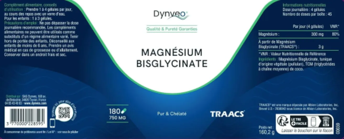 Magnésium Bisglycinate Chélaté 100% Pur - 180 Gélules - Fatigue, Nerveux & Muscles - Label TRAACS® Albion Minerals 100% Pur - 0% Oxyde - Haute Absorption - sans additifs - Dynveo 1 unité (Lot de 1)
