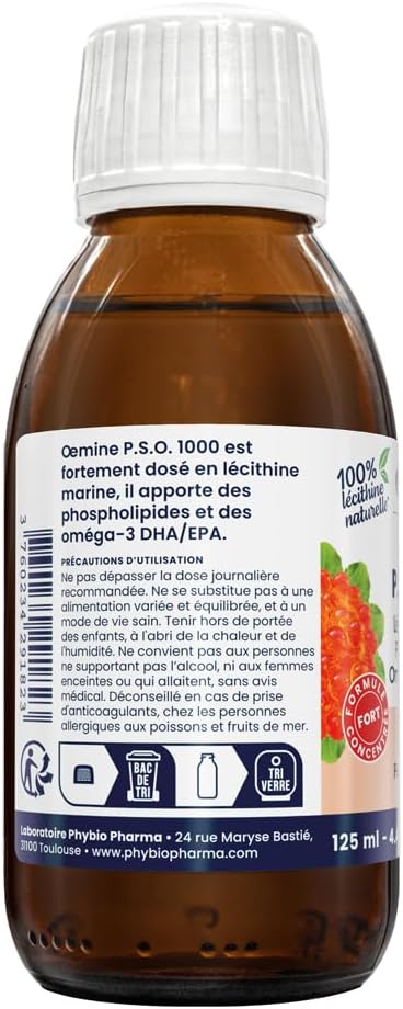 Oemine PSO 1000 Fort - Complément Alimentaire 125 ml - Létiche Marine, Oméga 3 EPA et DHA sous forme phospholipides - Riche en Acides Gras, Source de Choline - Fabriqué en France