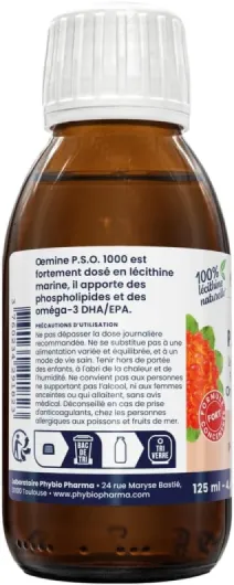 Oemine PSO 1000 Fort - Complément Alimentaire 125 ml - Létiche Marine, Oméga 3 EPA et DHA sous forme phospholipides - Riche en Acides Gras, Source de Choline - Fabriqué en France