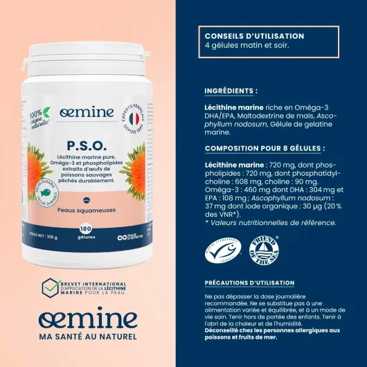Oemine PSO Lécithine Marine, 180 Gélules - Oméga 3 460mg, Complément Alimentaire Riche en Phospholipides EPA, DHA - Phospholipides, Phosphatidylcholine, Algue Ascophyllum Nodosum, Iode Organique