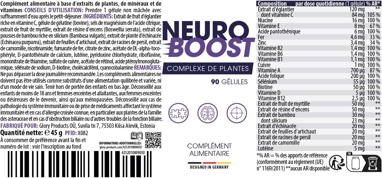 Neuro Boost Kapseln - Complexe végétal - Pour hommes et femmes - 60 gélules 5x 5 Dosen