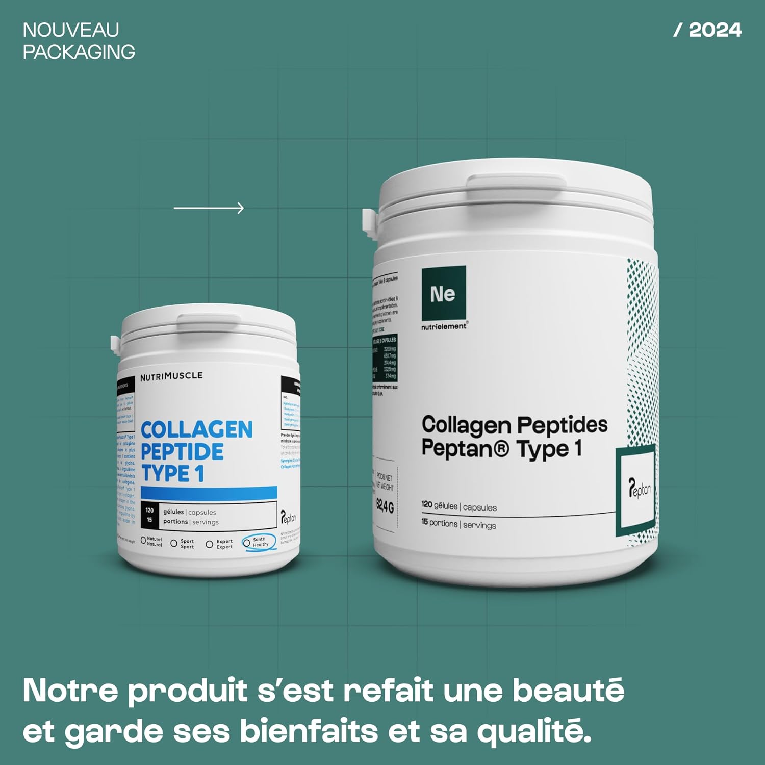 Nutrielement Collagène Peptide Type 1 en poudre 1.2 kg - 3200mg Collagene hydrolysé par dose - Complément alimentaire Tendons, Articulations, Peau et Cheveux - Nutrielement By Nutrimuscle Poudre 1,2kg Nature