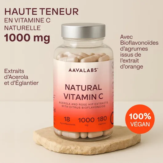 Vitamine C 1000mg - Vitamine C Acerola Naturelle Végétalienne Hautement Biodisponible Avec Cynorrhodon et Flavonoïdes d'Agrumes - Soutient le système immunitaire, réduit la fatigue - 180 gélules