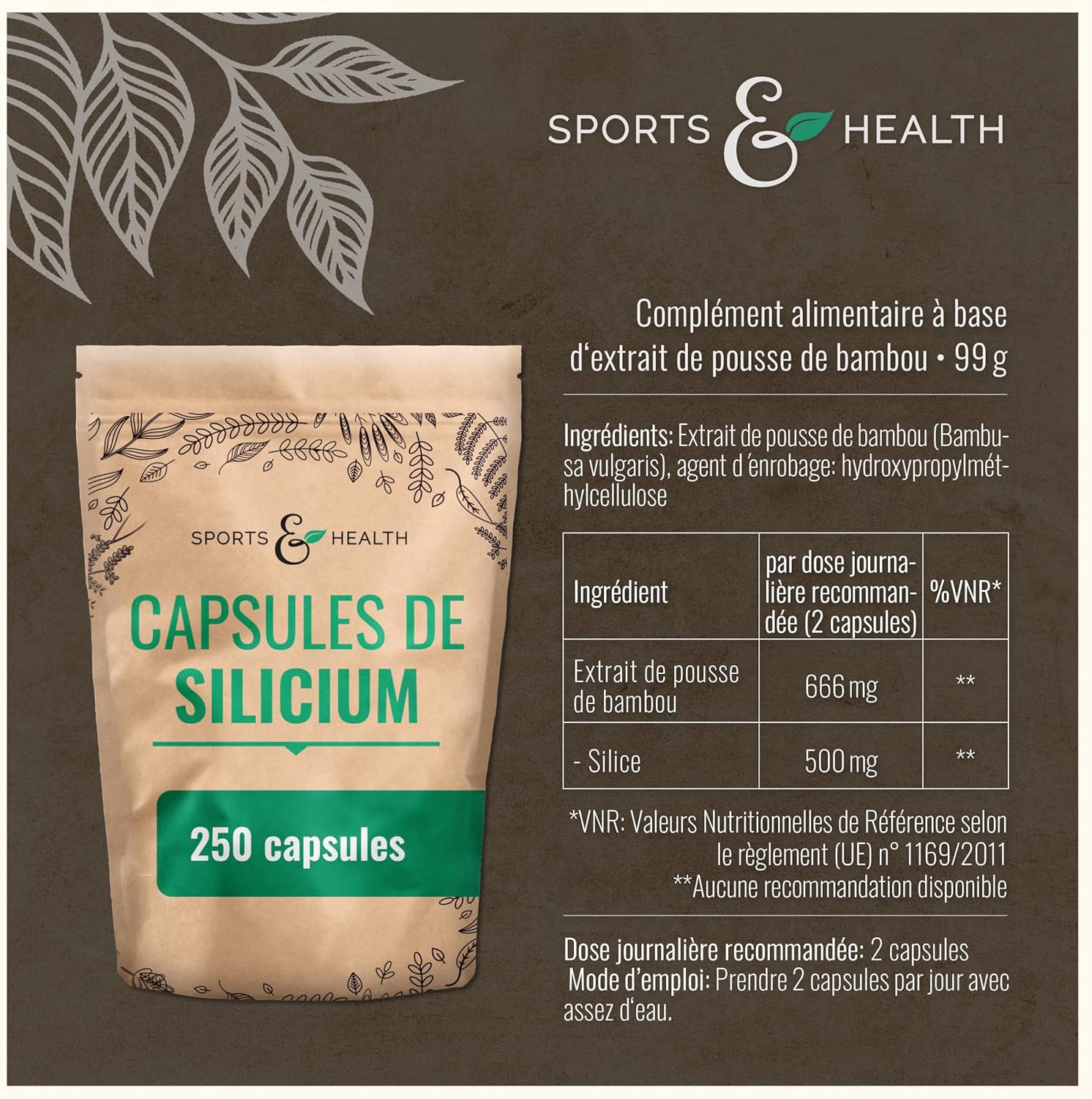 Capsules de Silicium Organique à Forte Dose - 250 Capsules de Silicium - silicium extrait de pousses de bambou, silice organique, 500mg par dose journalière