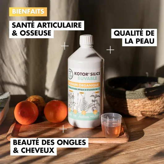 KOTOR SILICE BUVABLE 1L - Silicium Organique Francais & Naturel - Fortement Dosé - Santé des Articulations, Cartilages, Os, Peau, Cheveux, Ongles - Silicium + Ortie + Prêle + Bambou - 1 mois